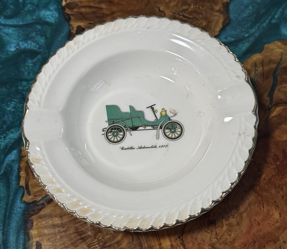 Harkerware 5.5" Round 1903 Cadillac Two Slot Ashtray Gold Trim